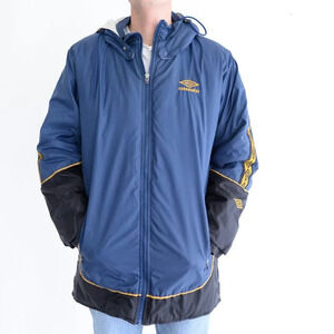 Vintage 90S Umbrella Blue And Yellow Zip Up  With Hidden Hood Puffer Jacket Size